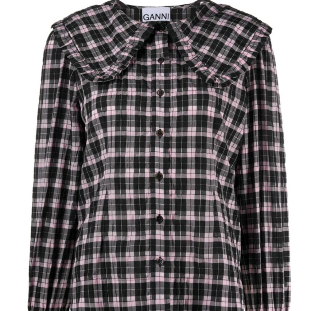 GANNI Ruffled Checked Cotton-blend Seersucker Blouse In Pink
